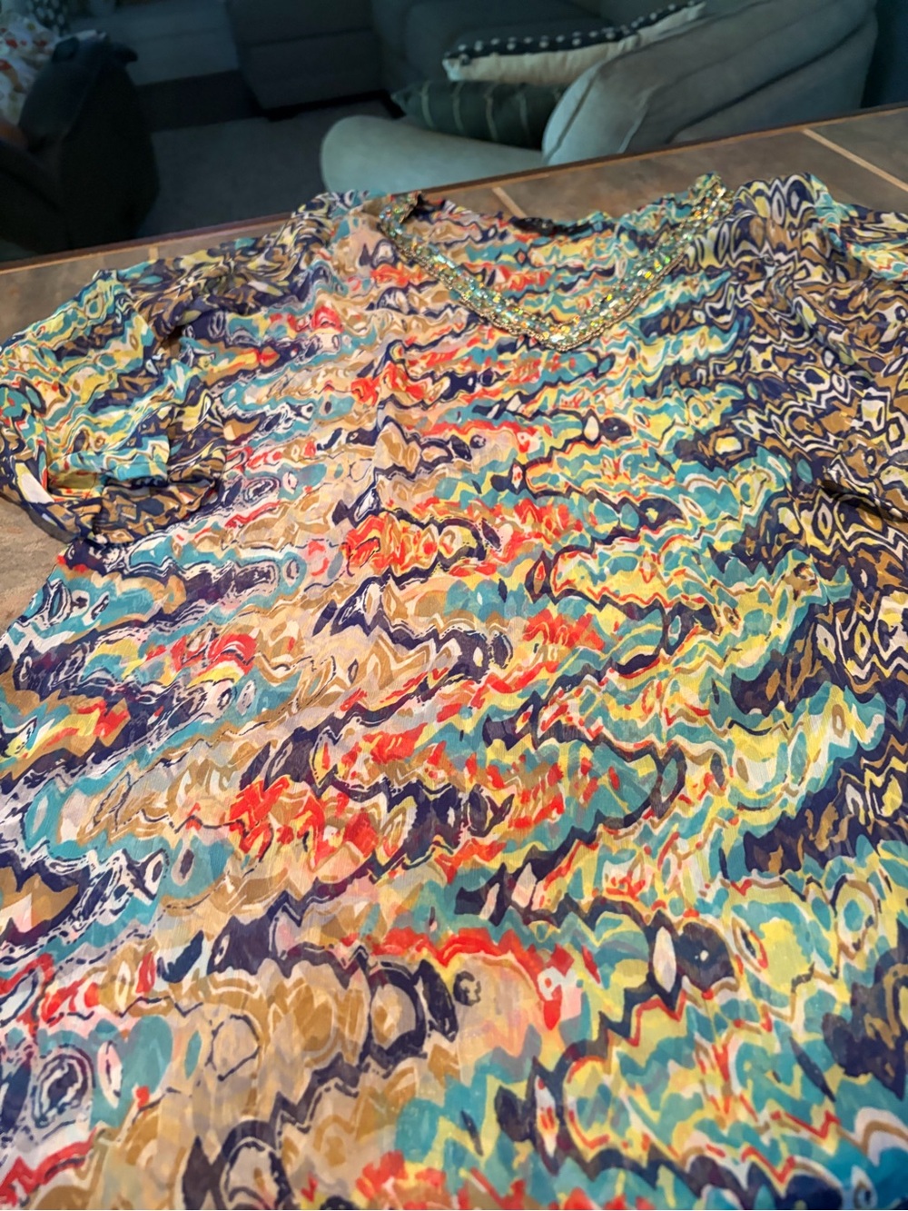 Ninety Multicolor Abstract Print, beaded V neck Swim Coverup, sz L